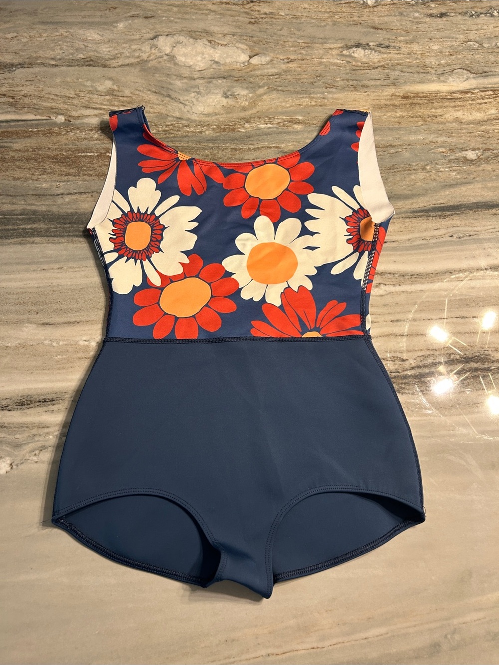 Ladies Women’s one piece bathing suit Retro flowers 60 look navy sz M/L 8-12